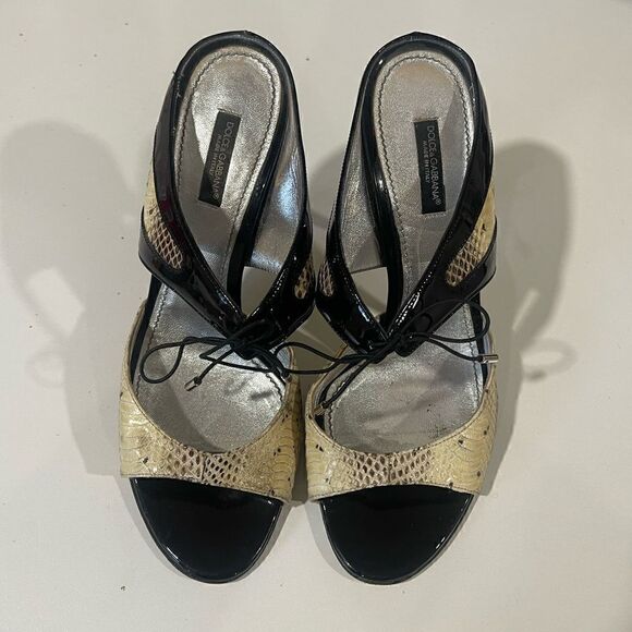 Dolce & Gabbana Snakeskin and Patent Leather Open Toe Heels - Picture 2 of 10